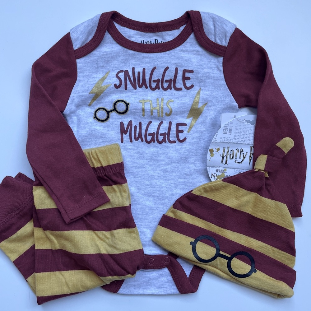 Harry Potter “Snuggle this Muggle” Onesie, Pants, and Hat Set - Size 3-6M